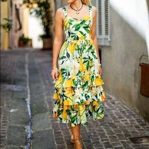 X H&M POPLIN DRESS MIDI YELLOW LILY FLORAL LEMON